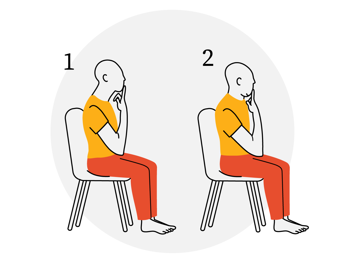Person sitting in chair, tucking chin into neck with index finger.