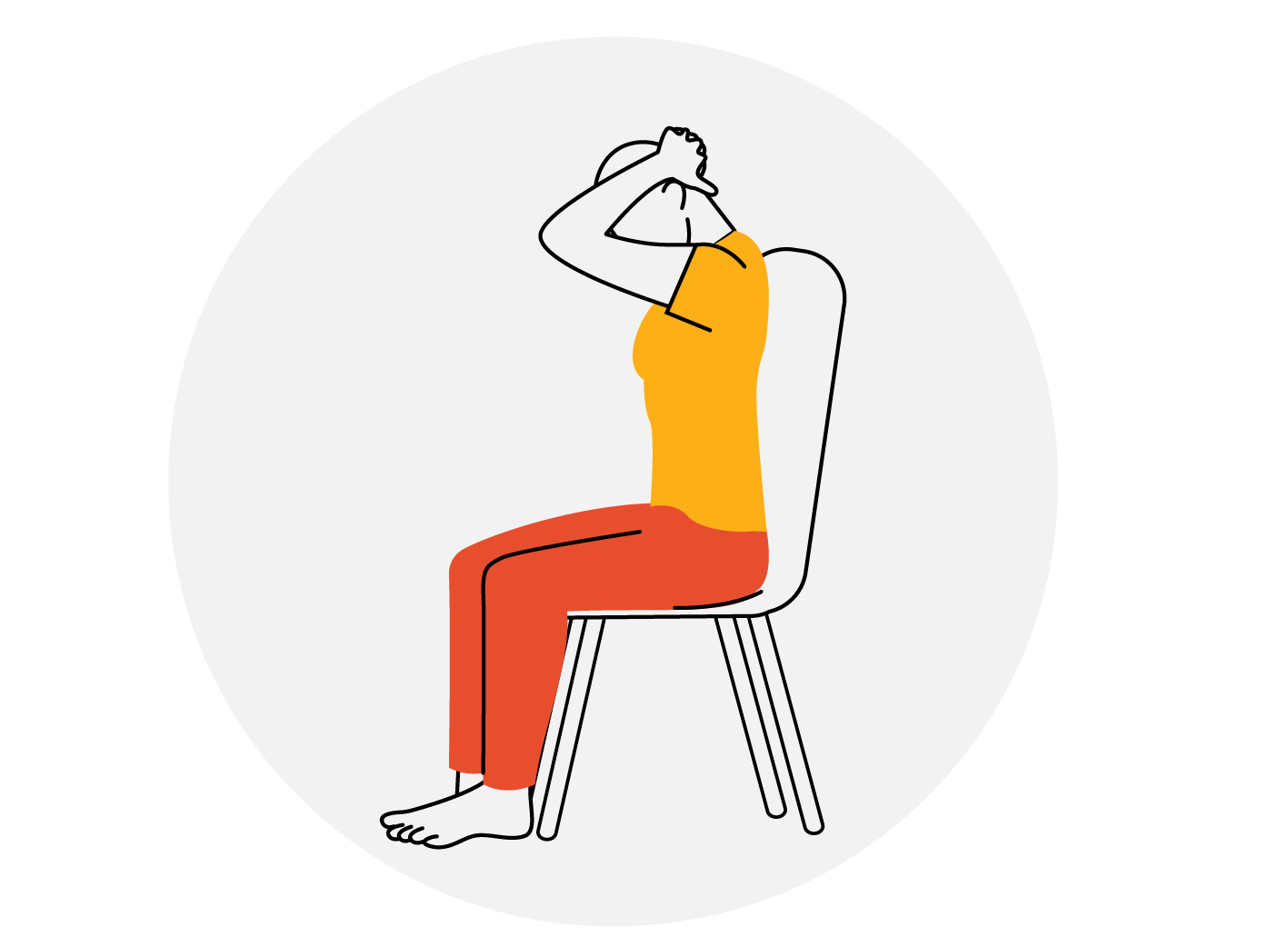 Person sitting in chair with hands behind head, tilting head down towards floor.